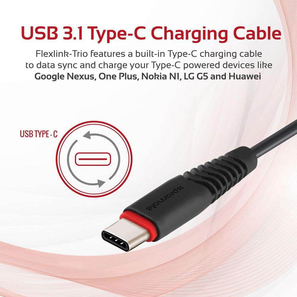 Picture of Promate Multi Charging Cable 3 in 1 High Quality 1.2m USB to Type-C™ Lightning and Micro USB Charging and Syncing Cable with Flexible ExoFlex Neck and Over Charging Protection for Smartphones Tablets MP3 Player FlexLink-Trio