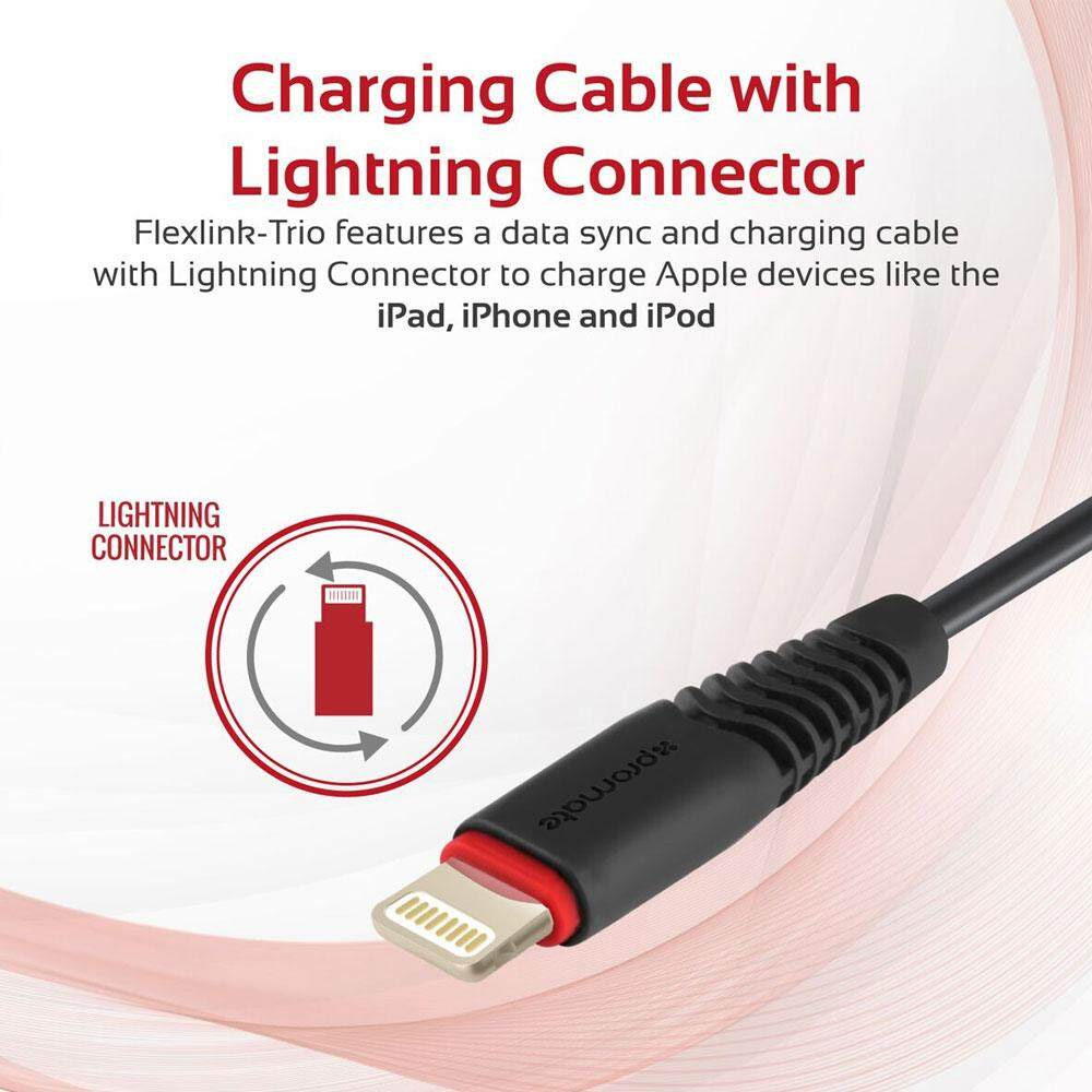 Picture of Promate Multi Charging Cable 3 in 1 High Quality 1.2m USB to Type-C™ Lightning and Micro USB Charging and Syncing Cable with Flexible ExoFlex Neck and Over Charging Protection for Smartphones Tablets MP3 Player FlexLink-Trio