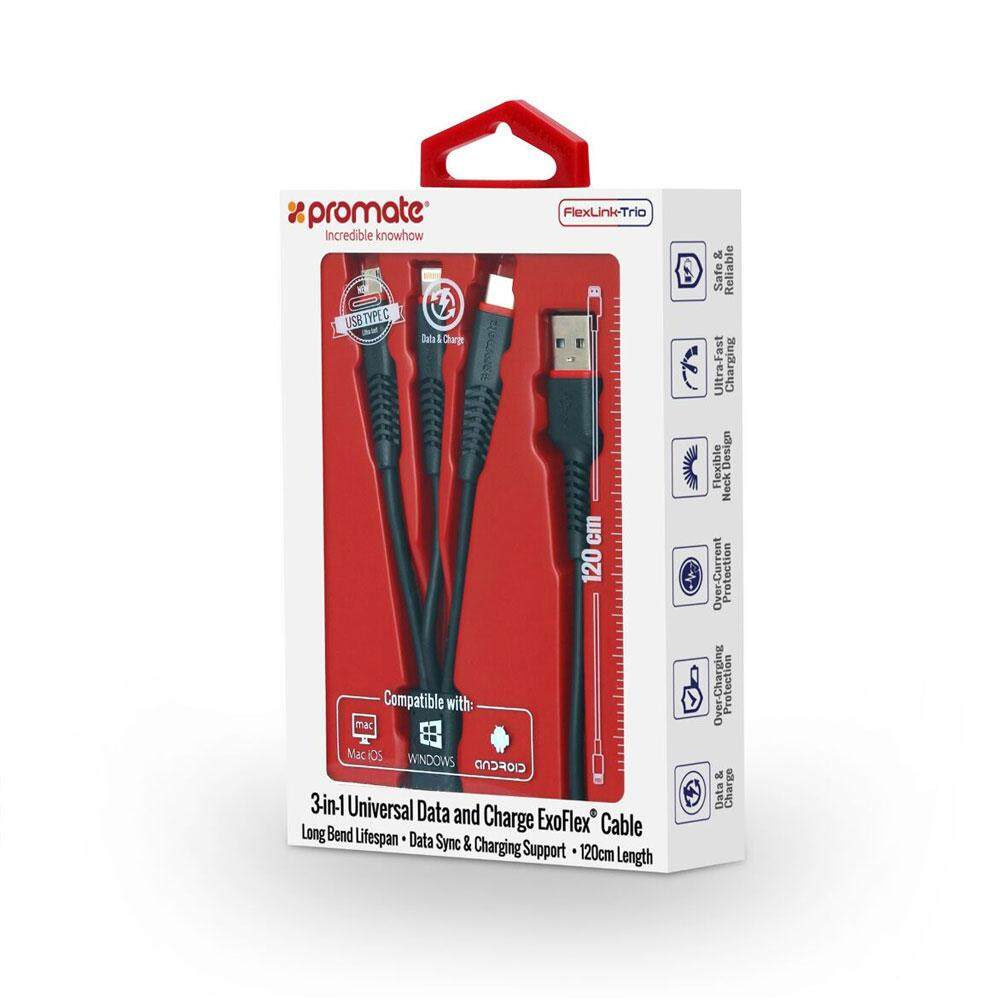 Picture of Promate Multi Charging Cable 3 in 1 High Quality 1.2m USB to Type-C™ Lightning and Micro USB Charging and Syncing Cable with Flexible ExoFlex Neck and Over Charging Protection for Smartphones Tablets MP3 Player FlexLink-Trio