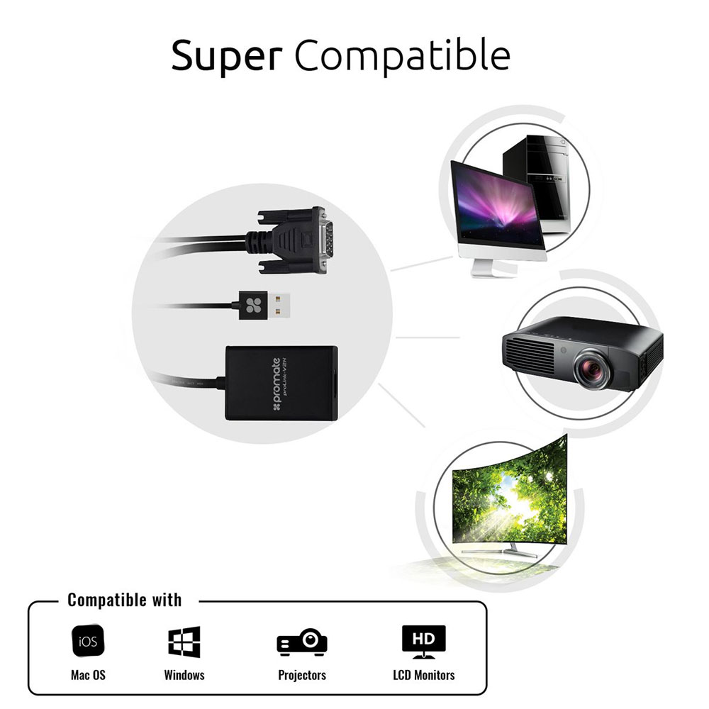 Picture of Promate VGA to HDMI Adapter Video Cable Converter Adapter Kit Plug and Play with Audio Support