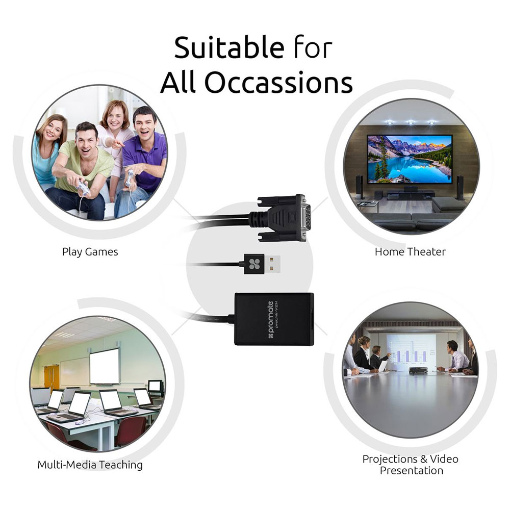 Picture of Promate VGA to HDMI Adapter Video Cable Converter Adapter Kit Plug and Play with Audio Support