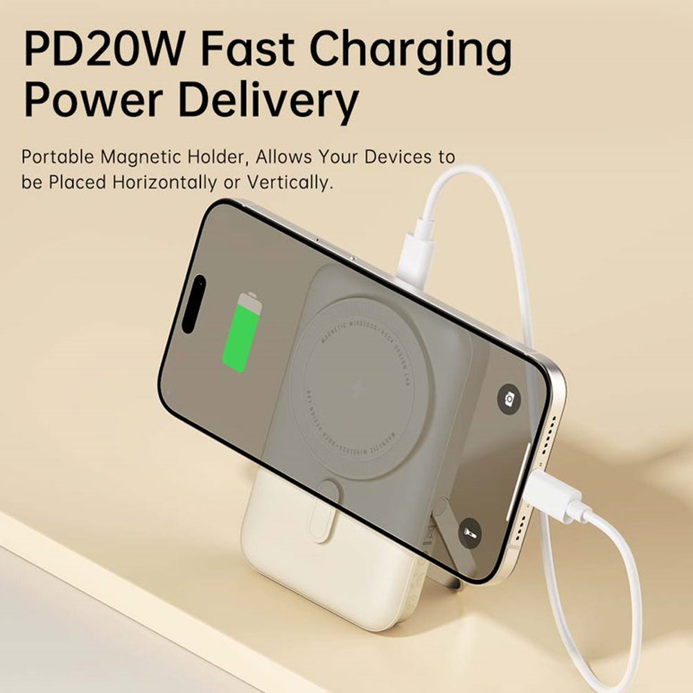 Picture of Rock P20 SE PD20W 15W Magnetic Wireless Charging Fast Charge 10000mAh Travel Portable Small Palm Size Compact Mini Power Bank powerbank Stand Holder (Beige)