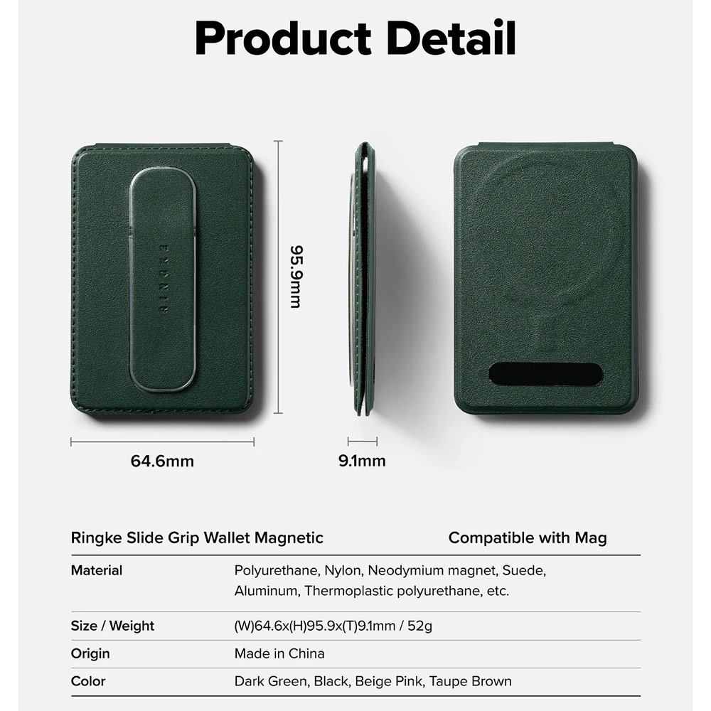 Picture of Apple iPhone 15 Pro Max 6.7  | Ringke Slide Grip PU Wallet Magnetic for iPhone 15 iPhone 16 Pro Max Card Holder Phone Stand (Dark Green)