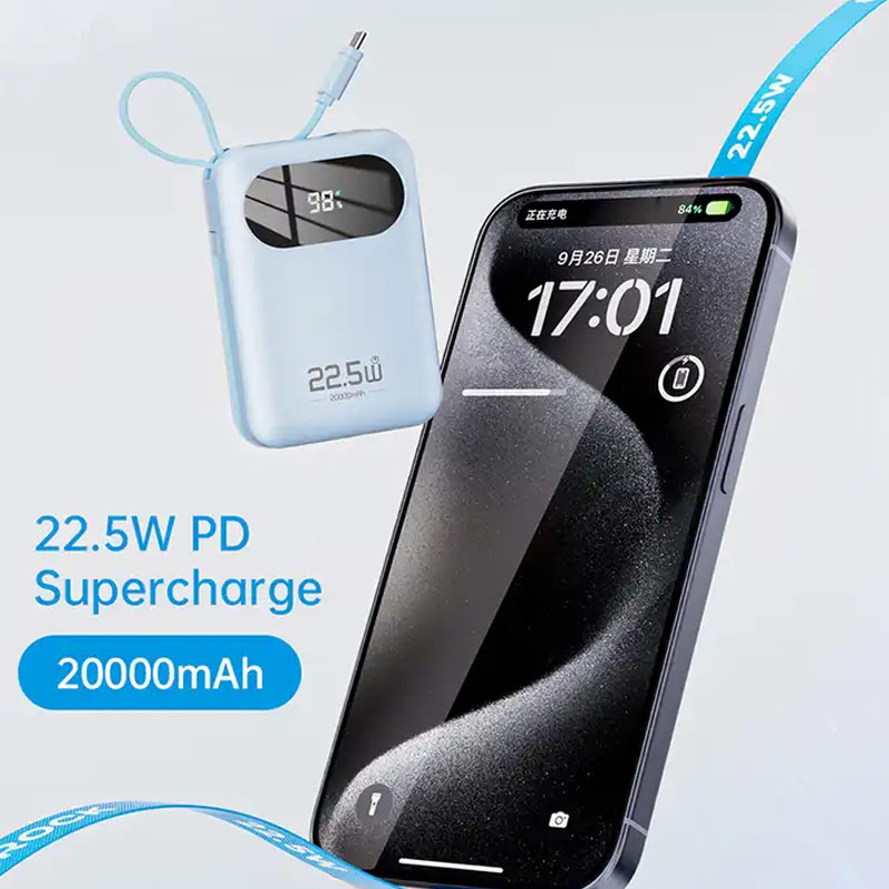 Picture of Rock Y11 Mini Compact Size PD 20W 20000mAh Travel Portable Small Palm Size Compact Mini Power Bank powerbank with Multiple Built in Cable USB C USB L (Blue)