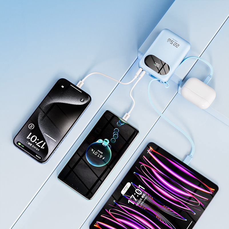 Picture of Rock Y11 Mini Compact Size PD 20W 20000mAh Travel Portable Small Palm Size Compact Mini Power Bank powerbank with Multiple Built in Cable USB C USB L (Blue)