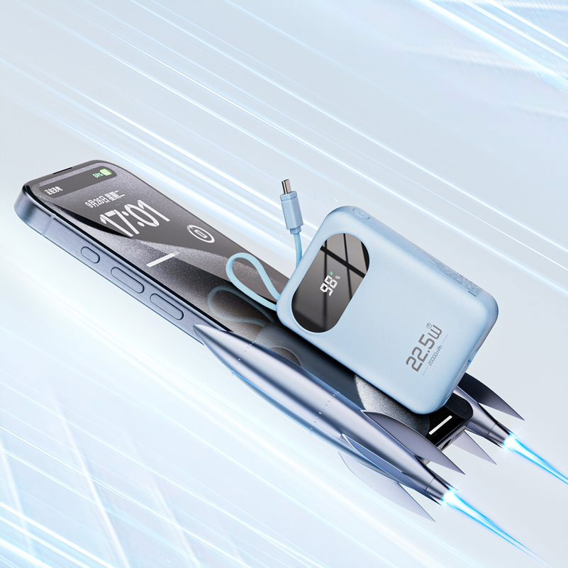 Picture of Rock Y11 Mini Compact Size PD 20W 20000mAh Travel Portable Small Palm Size Compact Mini Power Bank powerbank with Multiple Built in Cable USB C USB L (Blue)