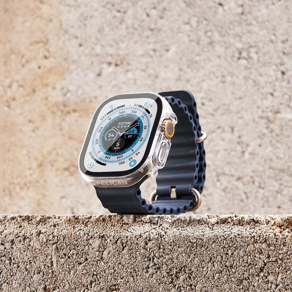 Picture of Apple Watch 49mm Ultra | Case Mate Pelican PC Hard Protection Case with integrated 9H Tempered Glass Case for Apple Watch 49mm Ultra Ultra 2 (Clear)