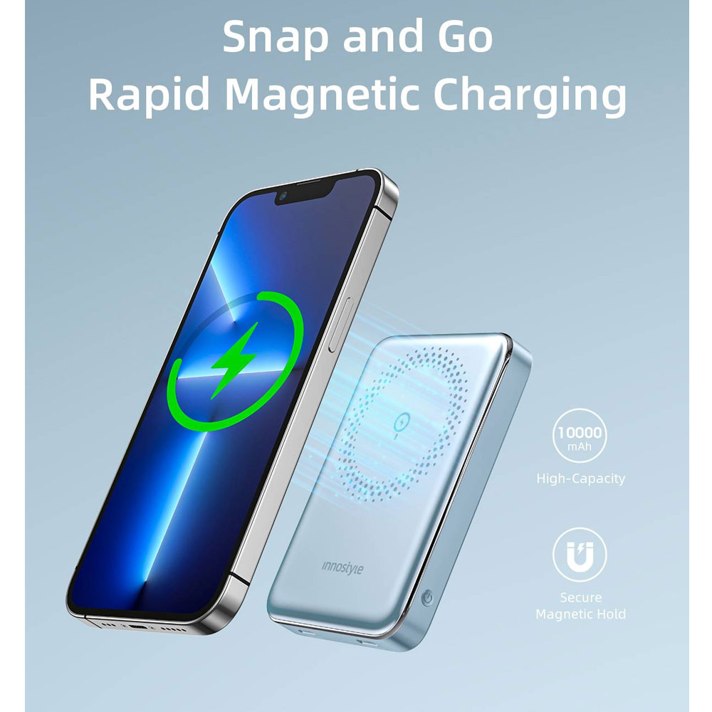Picture of Innostyle PowerMag Slim Magnetic Wireless Charging with USB-C input output Fast Charge PowerBank (Blue)