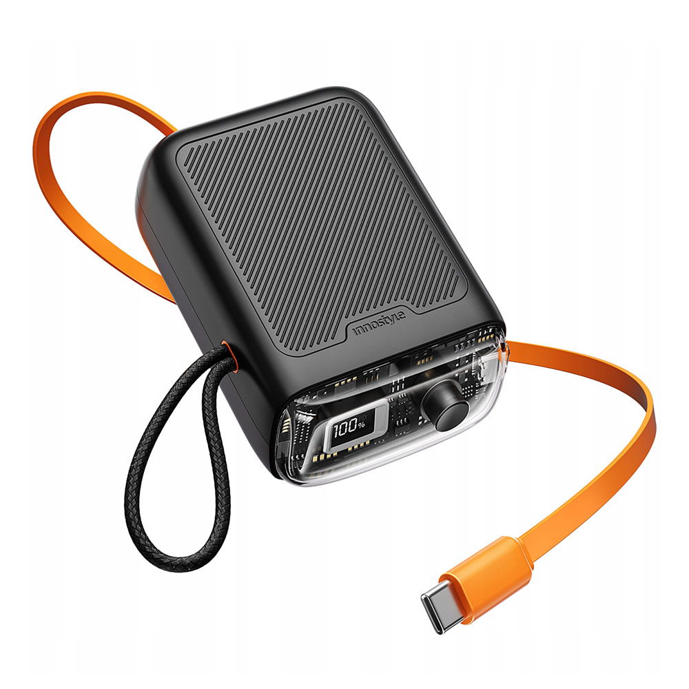 Picture of Innostyle CCC 3C Certified Power Bank TransiMini FlexCharge Retractable 30W 10000mAh 60cm USB-C Small Mini Compact Size Power Bank with Cable (Black)