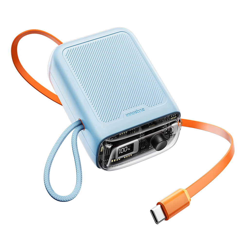 Picture of Innostyle CCC 3C Certified Power Bank TransiMini FlexCharge Retractable 30W 10000mAh 60cm USB-C Small Mini Compact Size Power Bank with Cable (Blue)