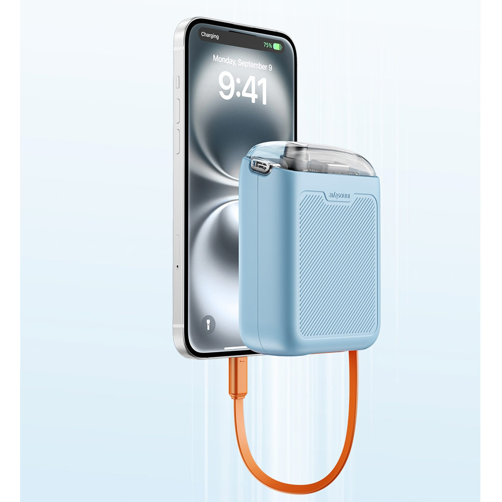 Picture of Innostyle CCC 3C Certified Power Bank TransiMini FlexCharge Retractable 30W 10000mAh 60cm USB-C Small Mini Compact Size Power Bank with Cable (Blue)