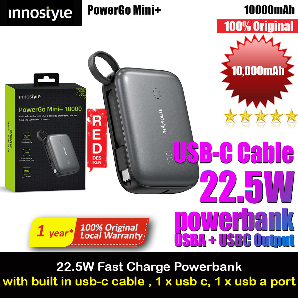 Picture of Innostyle PowerGo Mini Plus 10000mAh with USB-C input output USB-A Output Fast Charge PowerBank with USB-C Build in Cable  (Black) Red Design- Red Design Cases, Red Design Covers, iPad Cases and a wide selection of Red Design Accessories in Malaysia, Sabah, Sarawak and Singapore 