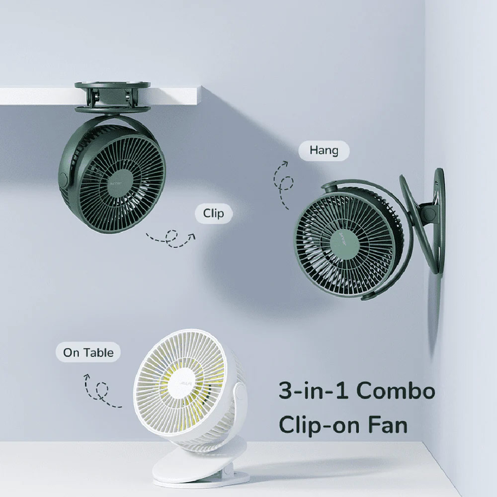 Picture of Jisulife Malaysia Child Safe Low Noise Removeable Washable 360 Rotatable 4 Speed Mode Desktop Hang Clip Fan Rechargeable 4000mAh For Home Office Outdoor Travel Portable Children Baby Stroller FA18S(Green)