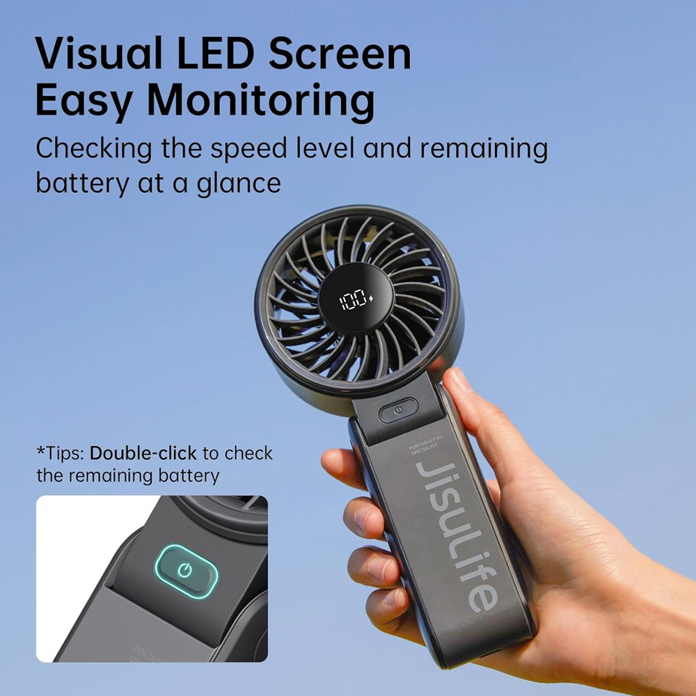 Picture of Jisulife Malaysia 3 in 1 Handheld Fan Life7 Powerful Portable Fan with LED Display Foldable as Desk Fan Hangable as Neck Fan (3600mAh Black)