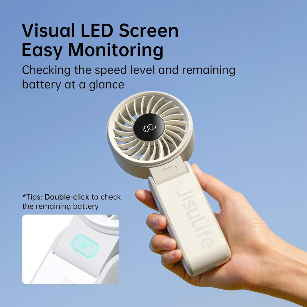 Picture of Jisulife Malaysia 3 in 1 Handheld Fan Life7 Powerful Portable Fan with LED Display Foldable as Desk Fan Hangable as Neck Fan (3600mAh Light Grey)