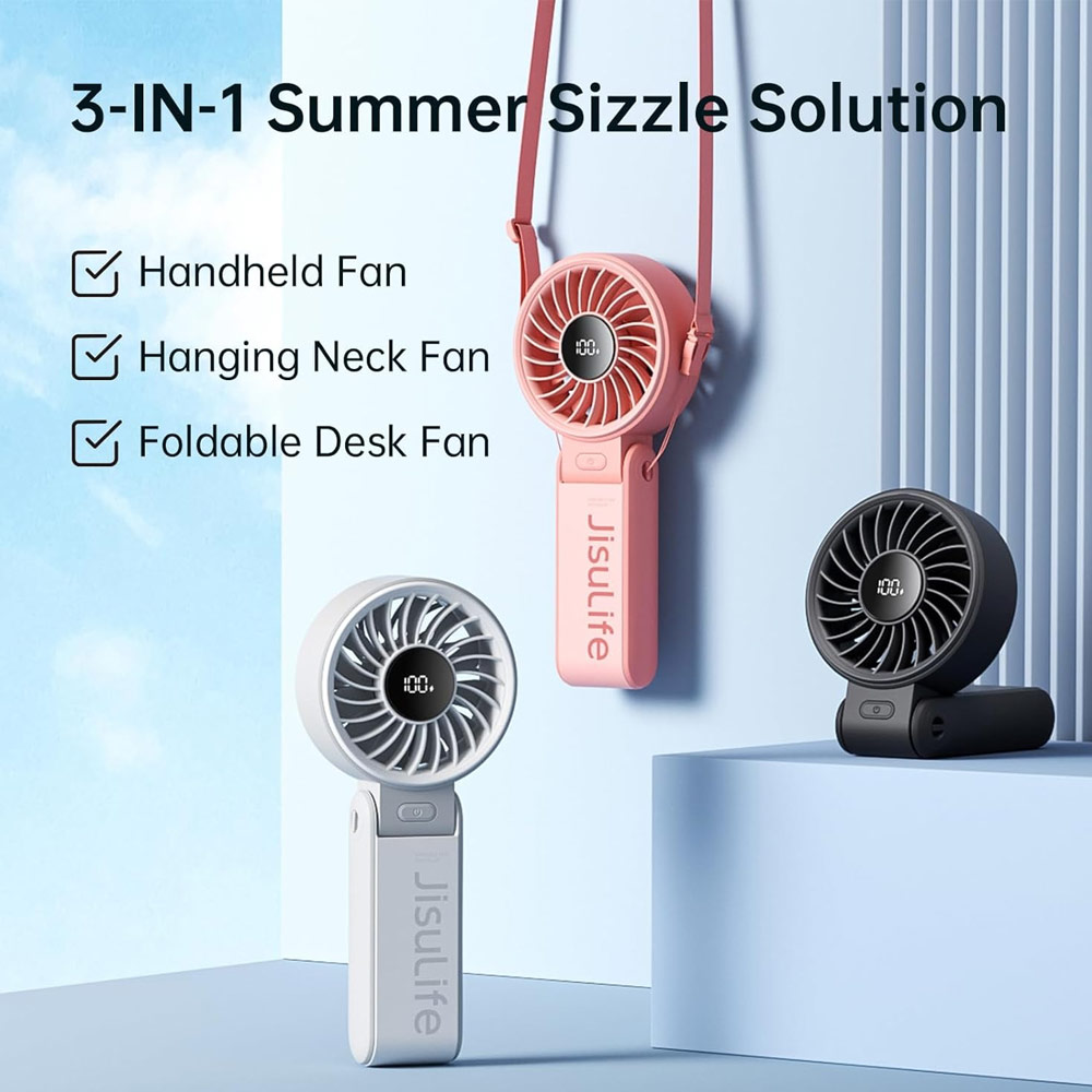 Picture of Jisulife Malaysia 3 in 1 Handheld Fan Life7 Powerful Portable Fan with LED Display Foldable as Desk Fan Hangable as Neck Fan (5000mAh Light Grey)