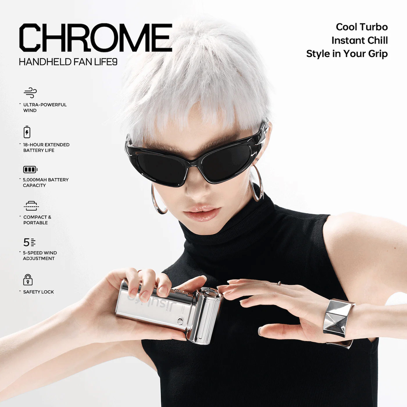 Picture of Jisulife Life9 Limited Edition Chrome Silver Handheld Fan Ultra Mini Compact Small Pocket Size Portable Handheld Fan Kipas Pegang Tangan Angin Kuat (5000mah Silver)