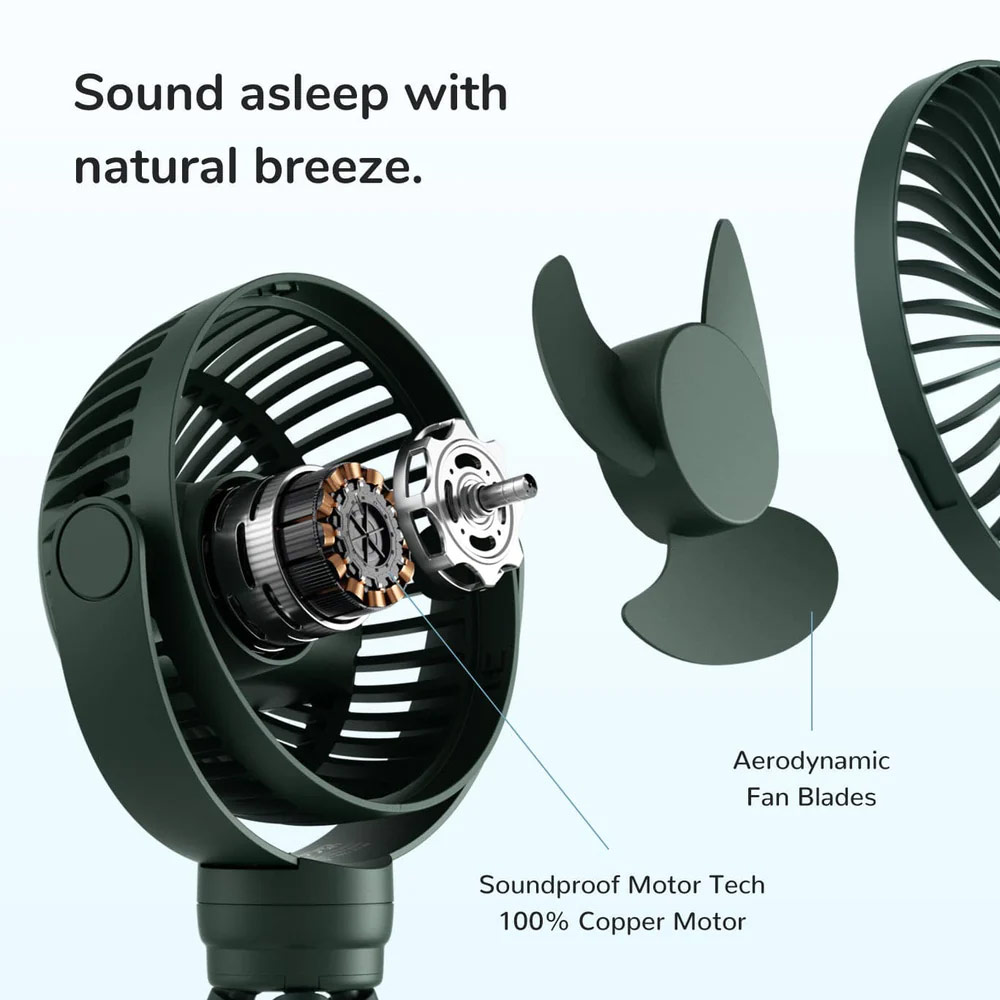 Picture of Jisulife Malaysia Child Safe Low Noise Stroller Car Seat Rotatable Flexible Tripod Mini Rechargeable Fan FA40A  (Green)