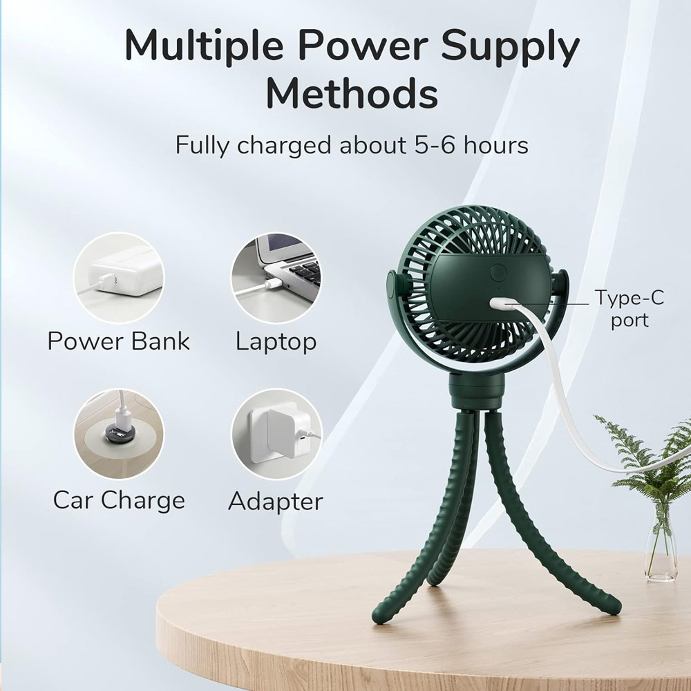 Picture of Jisulife Malaysia Child Safe Low Noise Stroller Car Seat Rotatable Flexible Tripod Mini Rechargeable Fan FA40A  (Green)