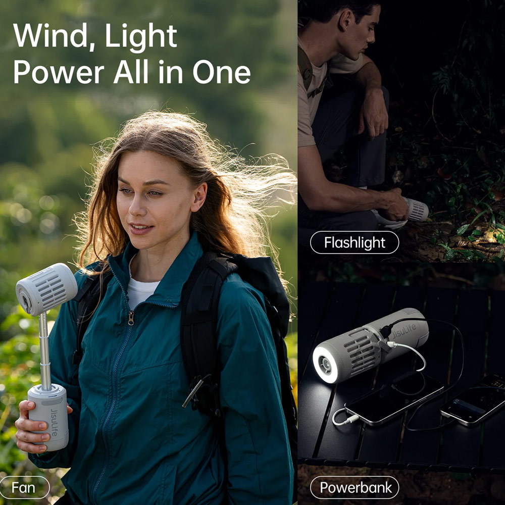 Picture of JISULIFE 2025 Outdoor Fan Ultra1 Rechargeable Turbo Jet Fan Handheld Ceiling Desk Fans With 3 Lighting Modes Power Bank (Light Grey)