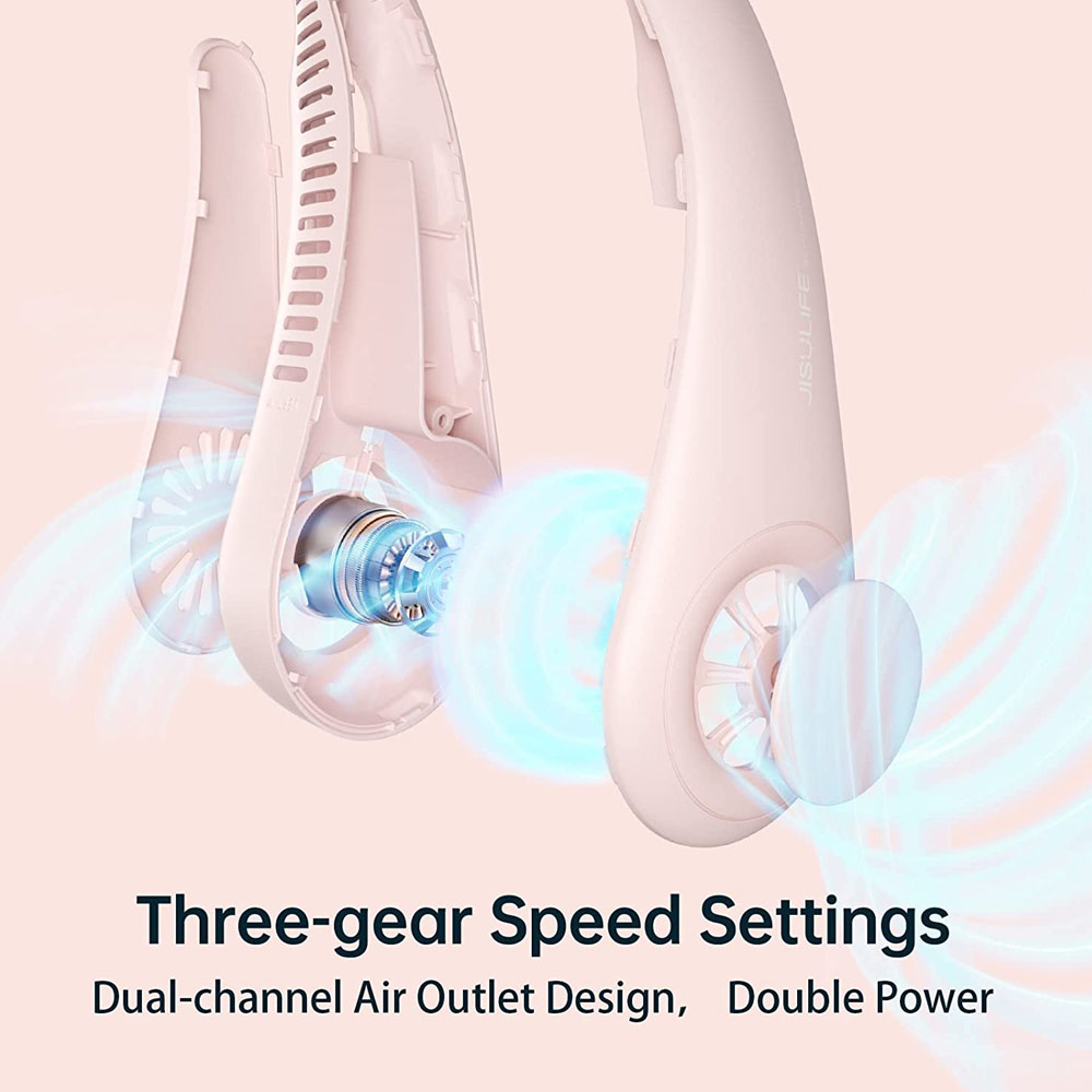 Picture of JISULIFE Malaysia Portable Neck Fan Hands Free Bladeless Fan 4000 mAh Battery Operated Wearable Personal Fan Leafless Rechargeable Headphone Design USB Powered Desk Fan 3 Speeds  for Running Badminton Indoor Court Concert Picnic Camping Outdoor Activity FA14 (Pink)