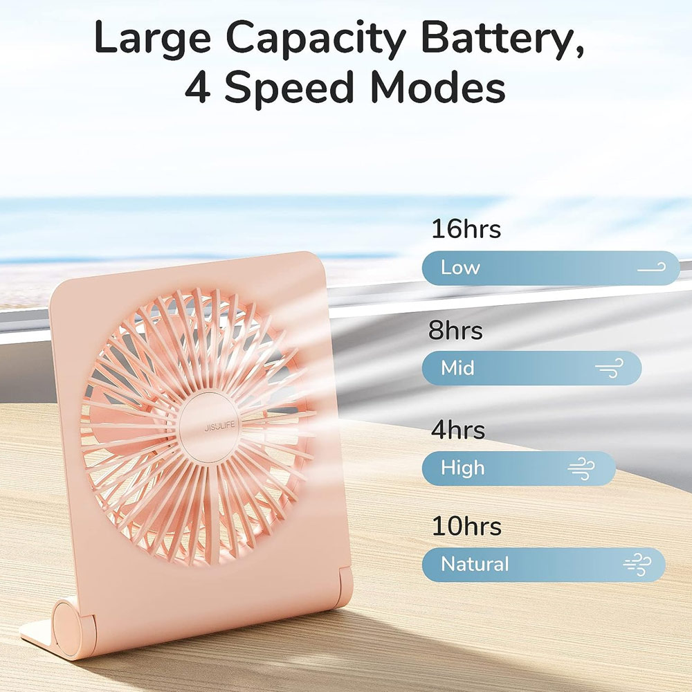 Picture of Jisulife Malaysia Ultra Slim Table Fan Lite Strong Air Flow 4 Speed Wind Portable Rechargeable 4500mAh Desktop Fan For Home Office Outdoor Travel (Pink)