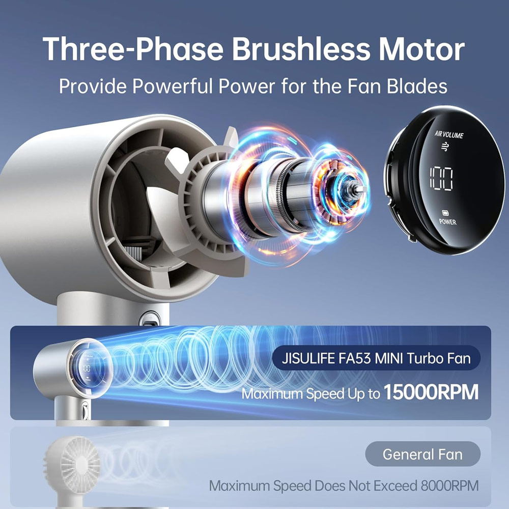 Picture of Jisulife Malaysia Super Power 100 Speed Turbo Strong Wind Portable Fast Charge Rechargeable 5000mAh Hidden Blade High Quality Handheld Mini Fan for Outdoor Indoor Badminton Court Concert Picnic Camping FA53Pro (Bright Brown)