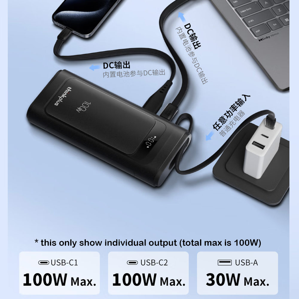 Picture of Lenovo Thinkplus Linx CCC 3C Certified Laptop Notebook Travel Power Bank Mini Size 100W Output Build In Cable (Black)