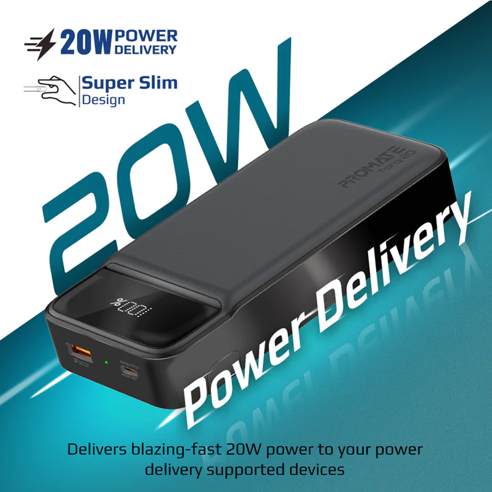 Picture of Promate 20000mAh Power Bank Powerbank 20W Power Delvey USB-C 18W QC3 USB-A with Kickstand Torq-20 (Black)