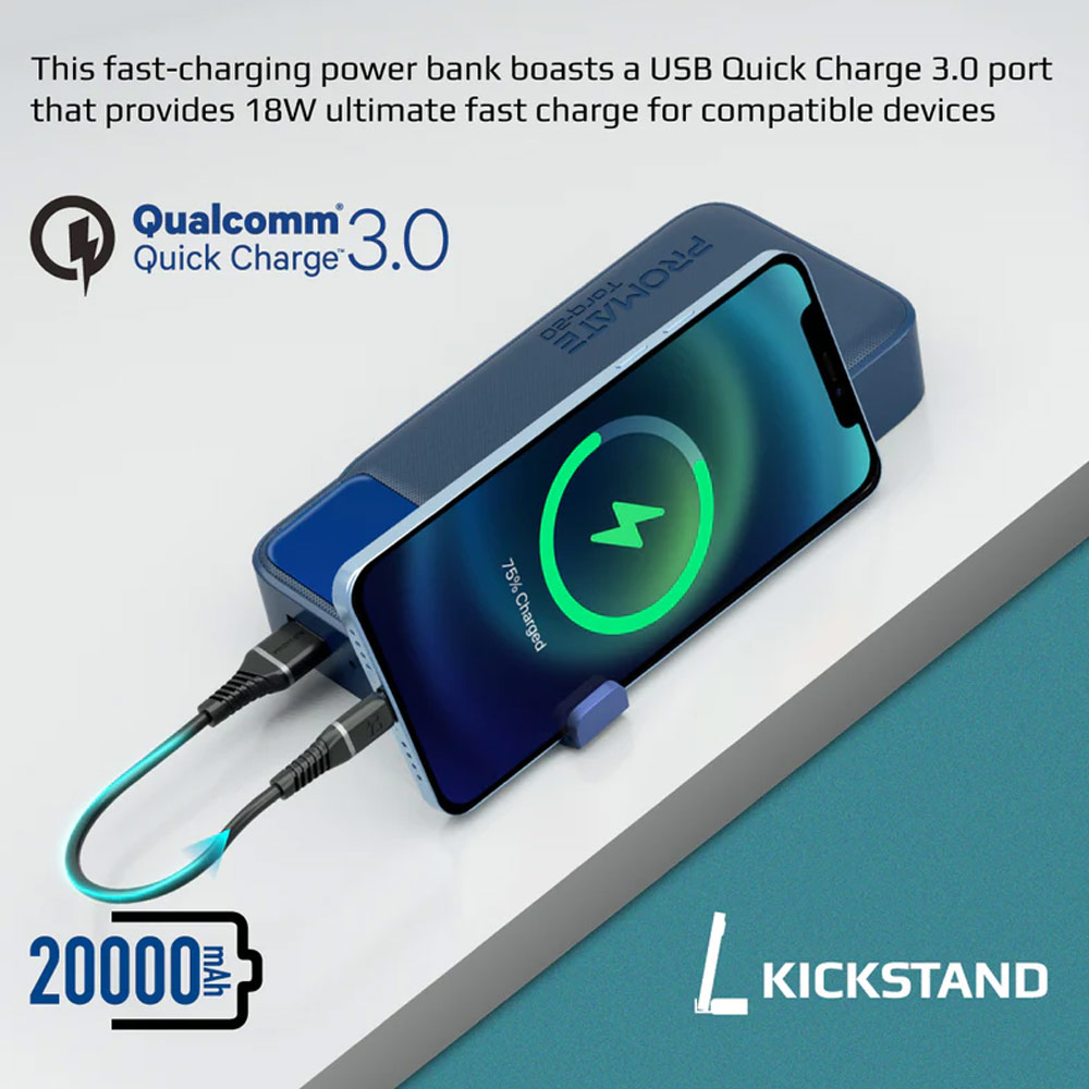 Picture of Promate 20000mAh Power Bank Powerbank 20W Power Delvey USB-C 18W QC3 USB-A with Kickstand Torq-20 (Blue)