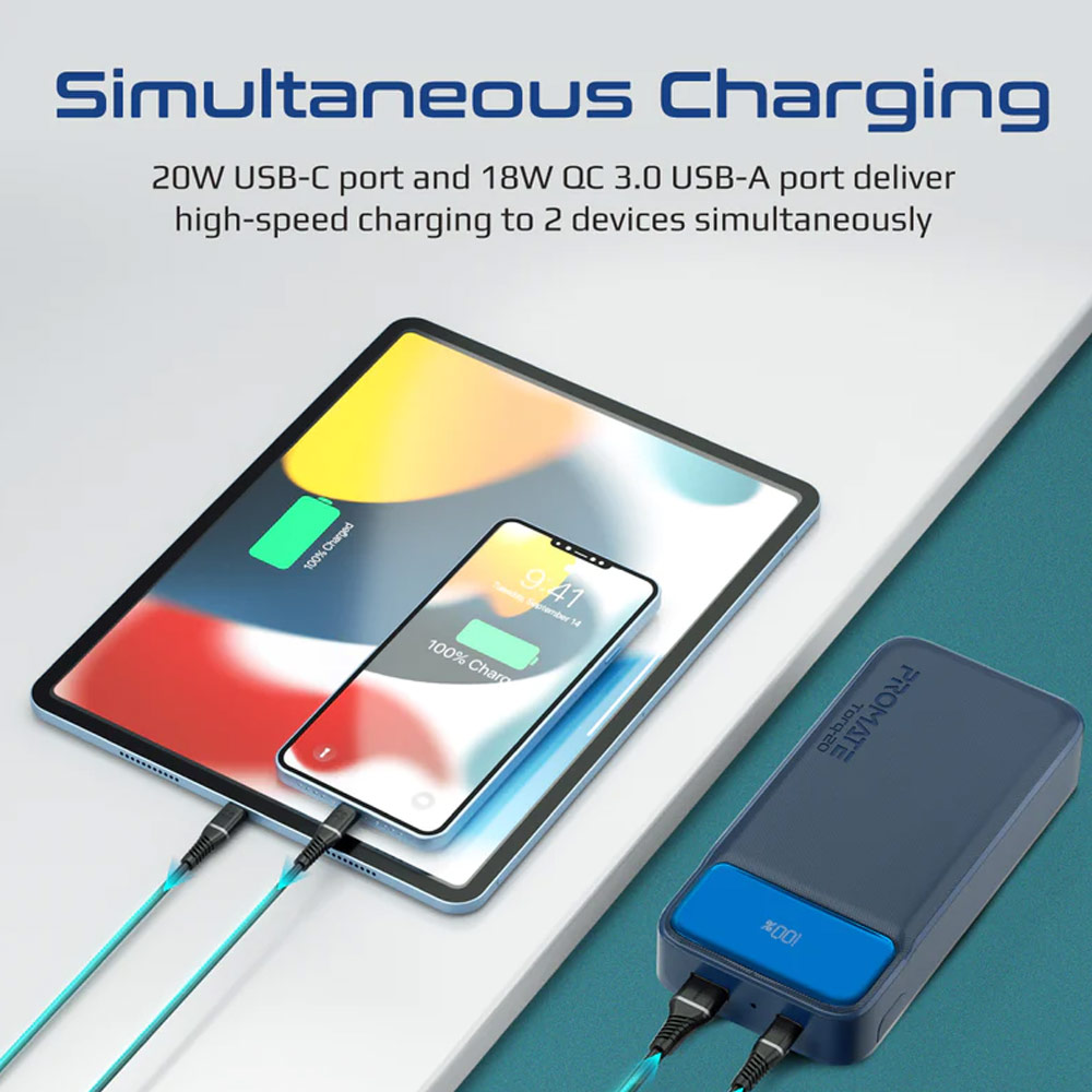 Picture of Promate 20000mAh Power Bank Powerbank 20W Power Delvey USB-C 18W QC3 USB-A with Kickstand Torq-20 (Blue)