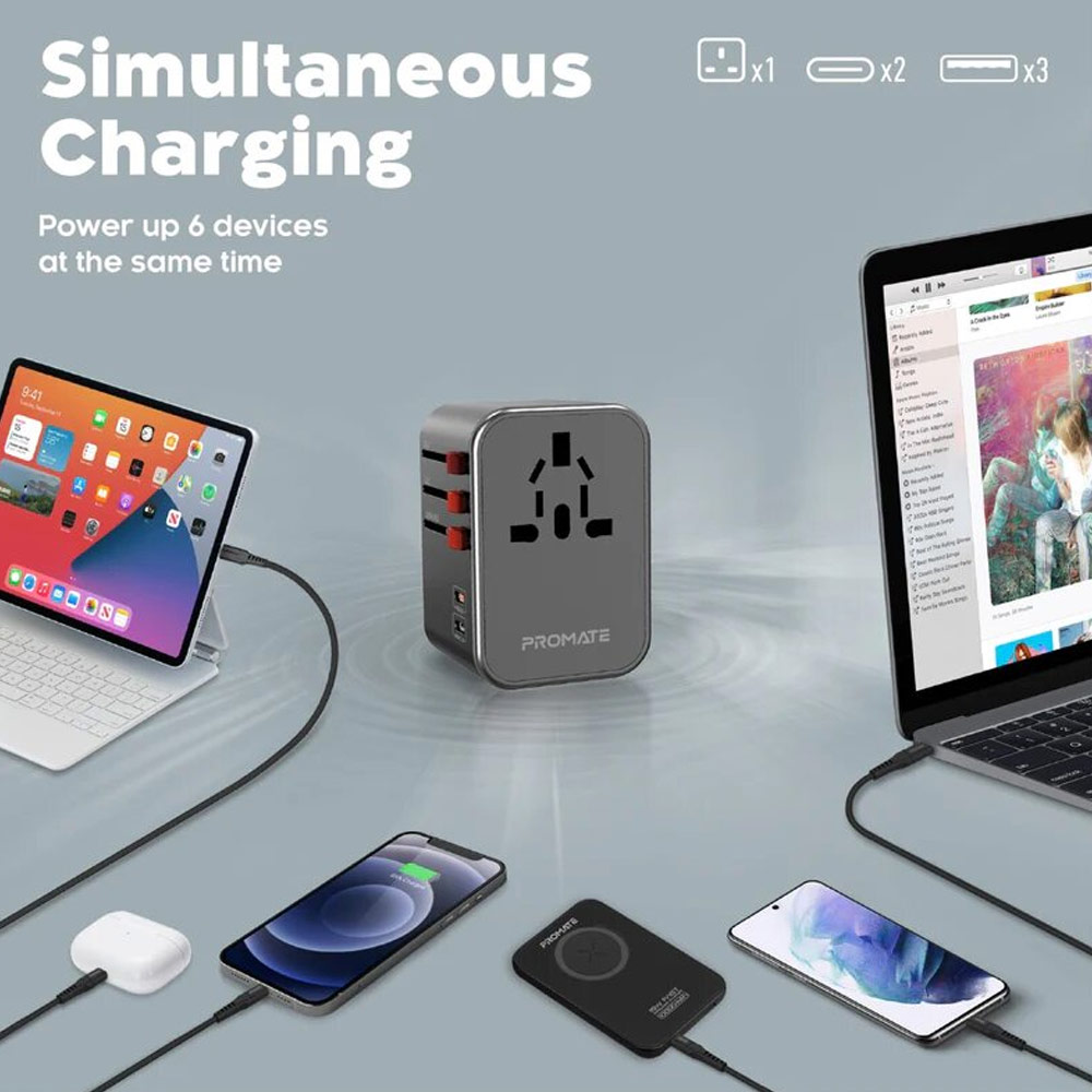 Picture of Promate Smart Charging Surge Protected Universal Travel Adapter Charger with USB C Port 18W Total Output 36W