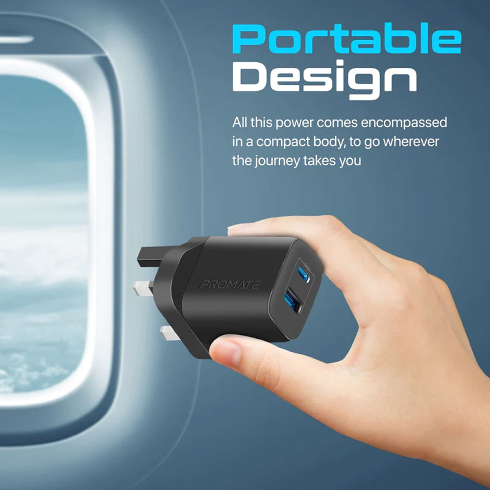 Picture of Promate 17W High Speed Dual Port Charger USB-C USB-A Port Compact Design Charger (Black)