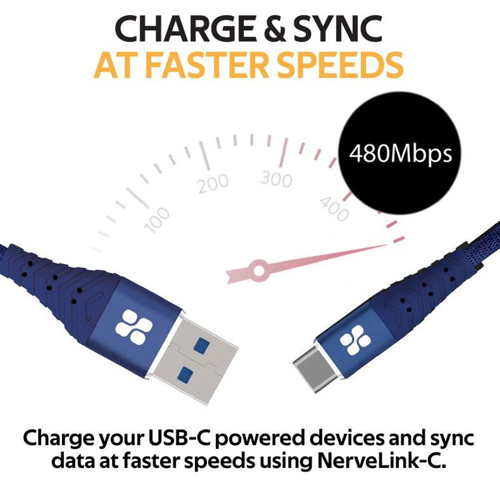 Picture of Promate USB-C™ Cable 3A Fast Charging Heavy Duty Fast Sync Charge 1.2 Meter USB-A to Type C Cable Nervelink-C (Blue)