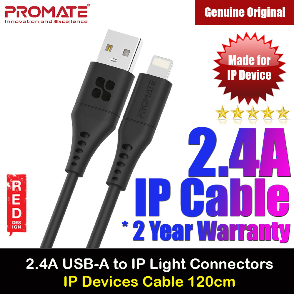 Picture of Promate USB A to Lightning 2.4A Fast Charging Soft Silicone Cable for iPhone 13 Pro Max IPad Airpods Pro PowerLink-Ai120 (Black) Red Design- Red Design Cases, Red Design Covers, iPad Cases and a wide selection of Red Design Accessories in Malaysia, Sabah, Sarawak and Singapore 