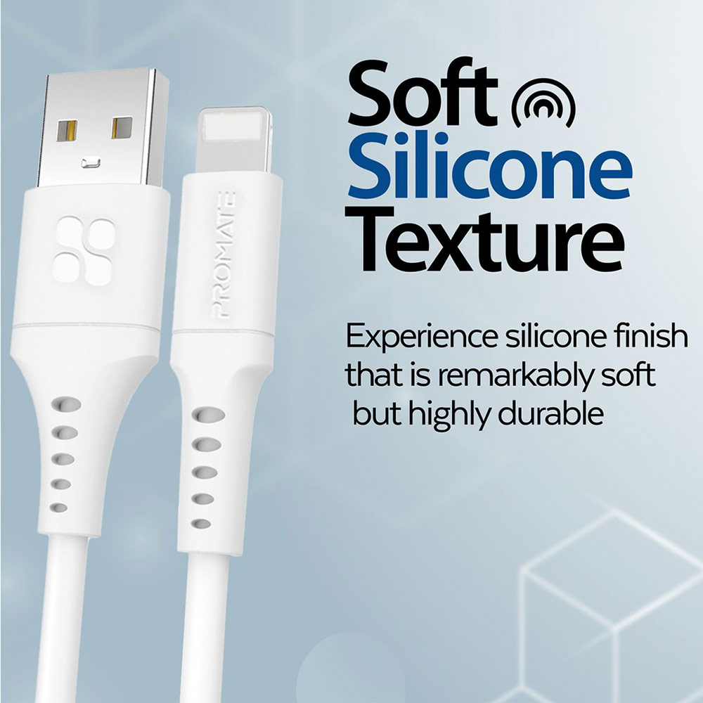 Picture of Promate USB A to Lightning 2.4A Fast Charging Soft Silicone Cable for iPhone 13 Pro Max IPad Airpods Pro PowerLink-Ai120 (White)