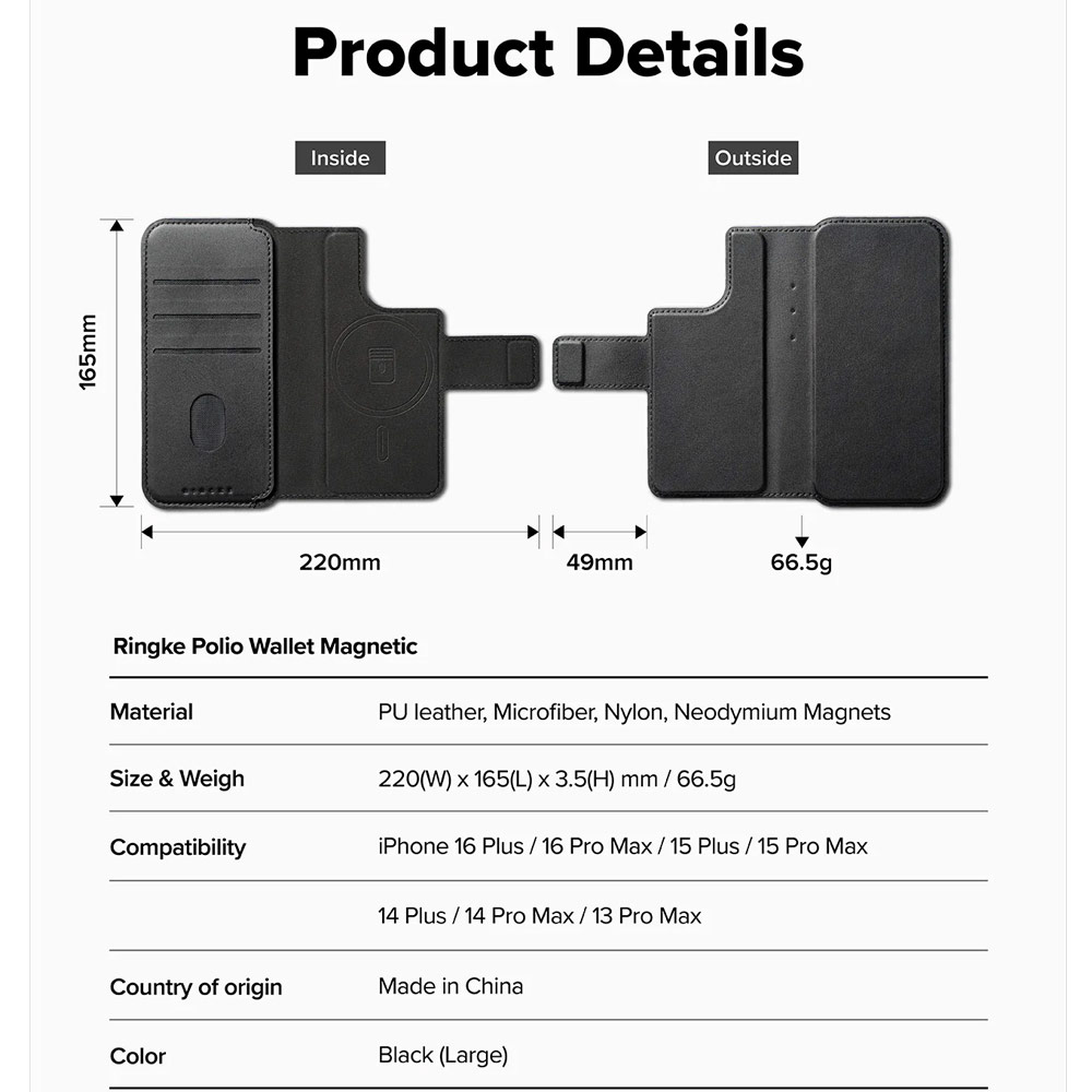 Picture of Apple iPhone 15 Plus 6.7  | Ringke Folio Wallet Magnetic Flip Cover Card Holder for iPhone 16 Pro Max iPhone 16 Plus (Black)