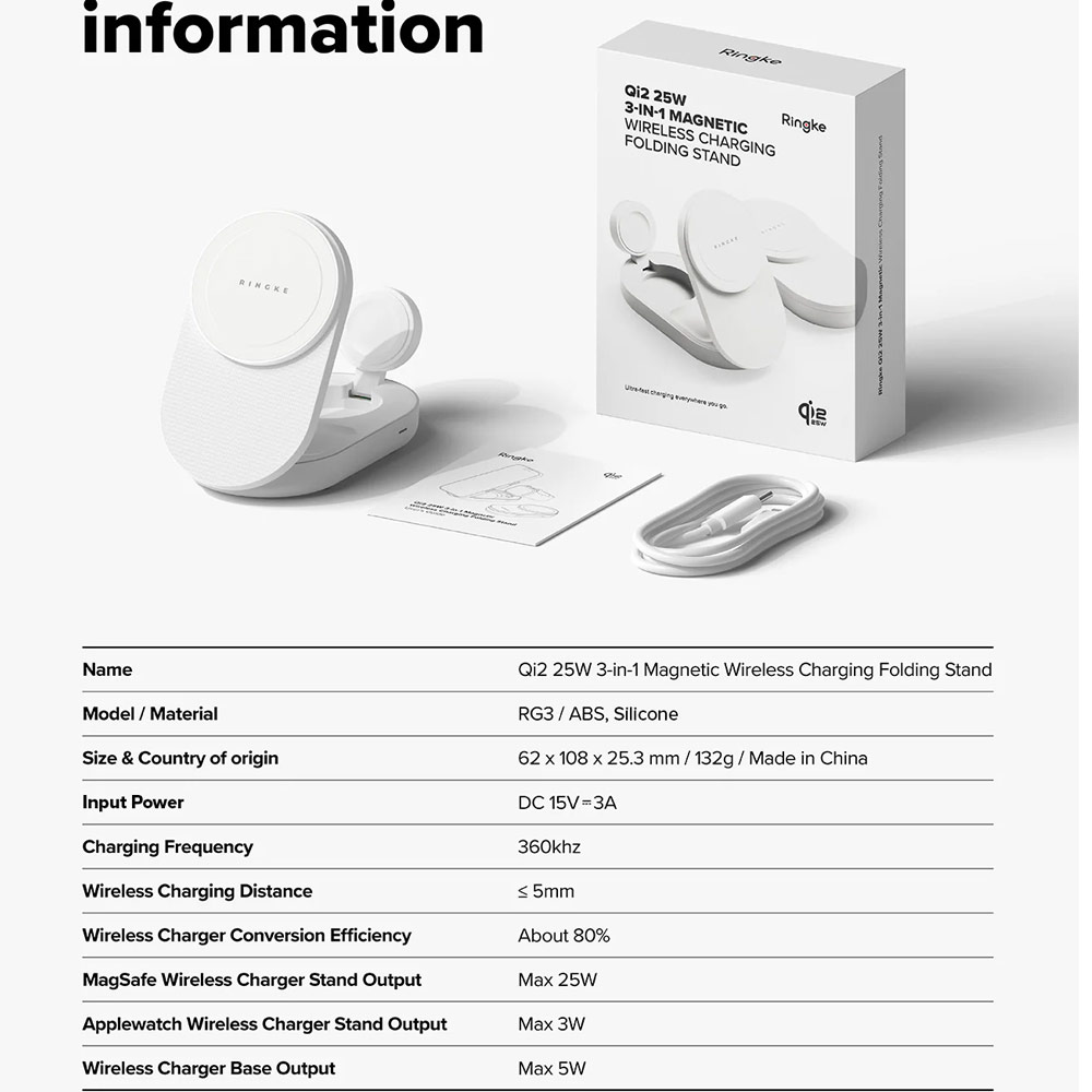 Picture of Ringke Stand Qi2 25W 3-in-1 Folding Magnetic Wireless Charger for Apple Watch iPhone Airpods