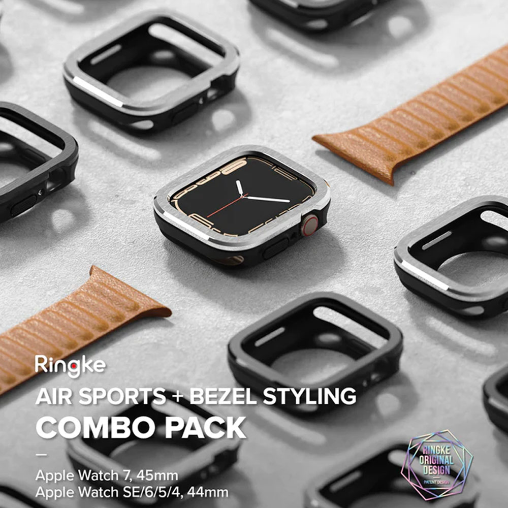 Picture of Apple Watch 45mm Case | Ringke Air Sports Soft Bumper Case and Aluminum Bezel for Apple Watch 45mm 44mm Case and Bezel (Black Silver)