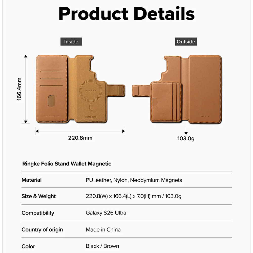 Picture of Samsung Galaxy S26 Ultra  | Ringke Folio Grip Wallet Magnetic Flip Cover Card Holder for Samsung Galaxy S26 Ultra (Brown)