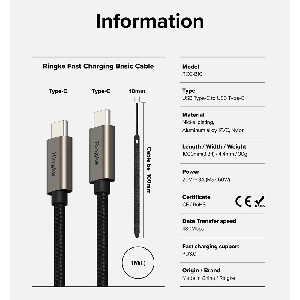 Picture of Ringke 60W PD3.0 480Mbps Fast Charge Charging Basic Cable USB C to USB C (Grey 100cm)