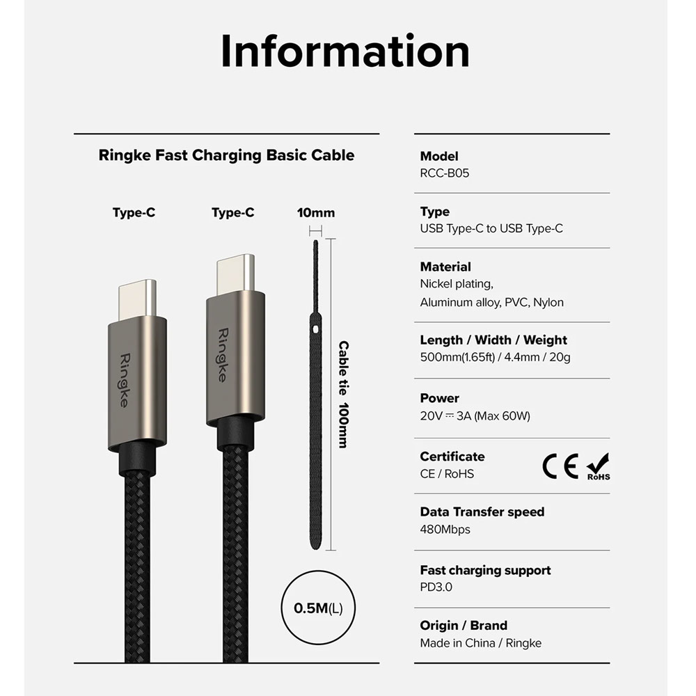 Picture of Ringke 60W PD3.0 480Mbps Fast Charge Charging Basic Cable USB C to USB C (Grey 50cm)