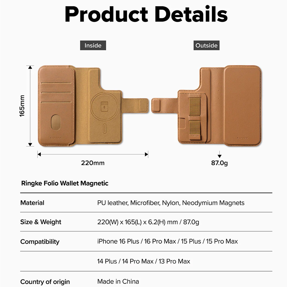 Picture of Apple iPhone 15 Plus 6.7  | Ringke Folio Grip Wallet Magnetic Flip Cover Card Holder for iPhone 16 Pro Max iPhone 16 Plus (Brown)