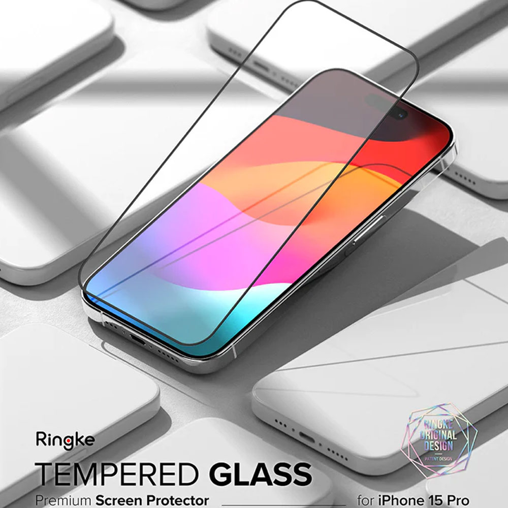 Picture of Apple iPhone 15 Pro 6.1 Screen Protector | Ringke Tempered Glass Full Cover Glass Screen Protector with Installation Jig Helper for iPhone 15 Pro 6.1 (Black)