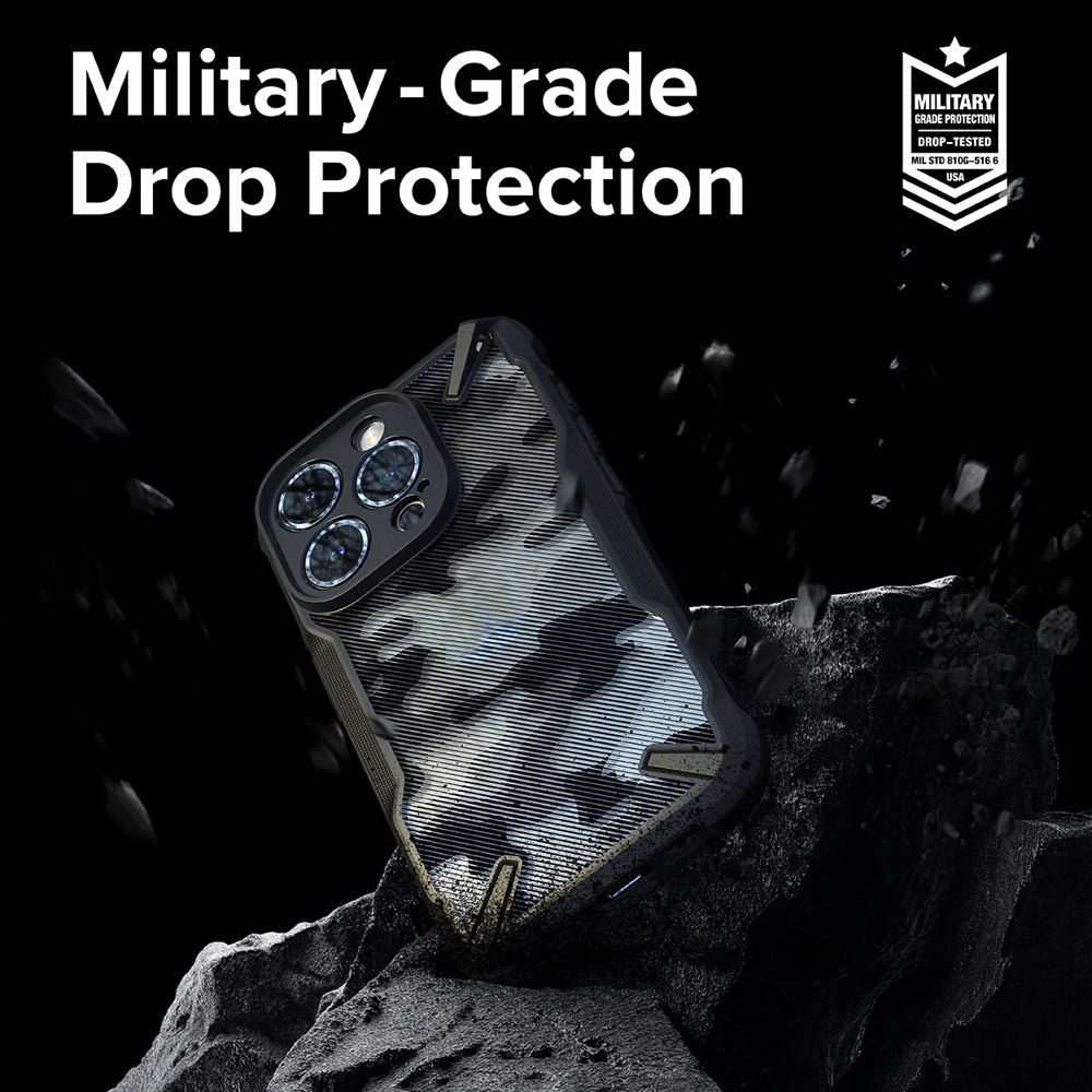 Picture of Apple iPhone 15 Pro 6.1 Case | Ringke Fusion X Hybrid PC and TPU Frame Drop Protection Case for Apple iPhone 15 Pro 6.1 (Camo Black)