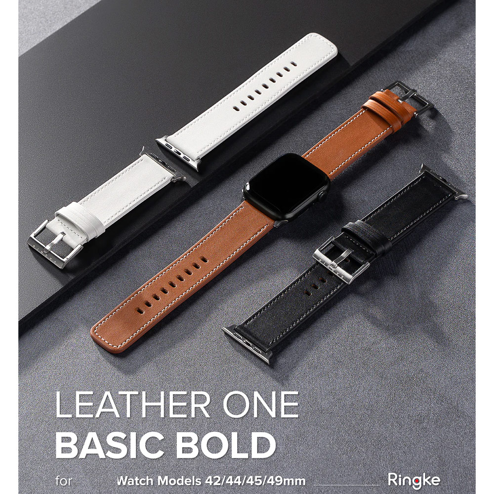 Picture of Apple Watch 42mm  | Ringke Genuine Leather One Basic Bold Strap for Apple Watch Series 4 5 6 8 9 42mm 44mm 45mm Ultra 49mm (Black)