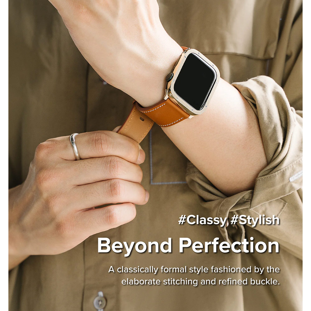 Picture of Apple Watch 42mm  | Ringke Genuine Leather One Basic Bold Strap for Apple Watch Series 4 5 6 8 9 42mm 44mm 45mm Ultra 49mm (Black)