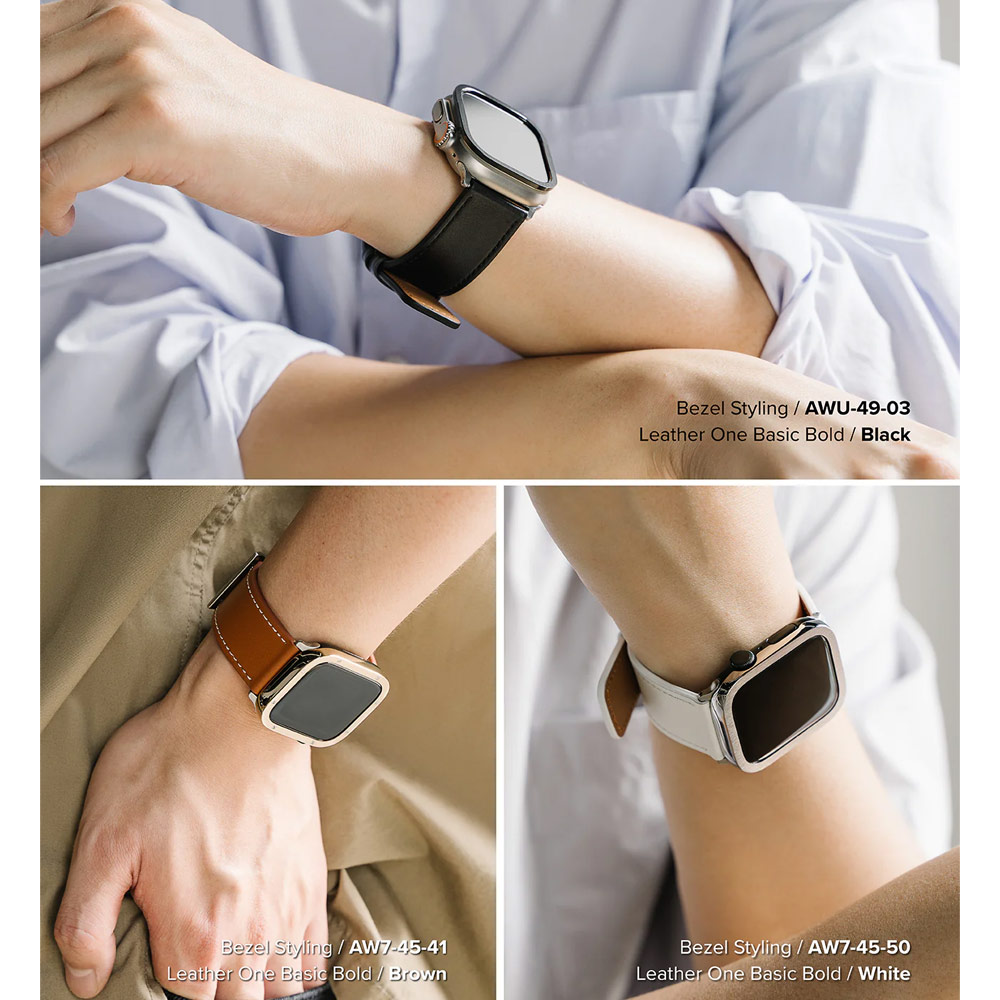 Picture of Apple Watch 42mm  | Ringke Genuine Leather One Basic Bold Strap for Apple Watch Series 4 5 6 8 9 42mm 44mm 45mm Ultra 49mm (Black)