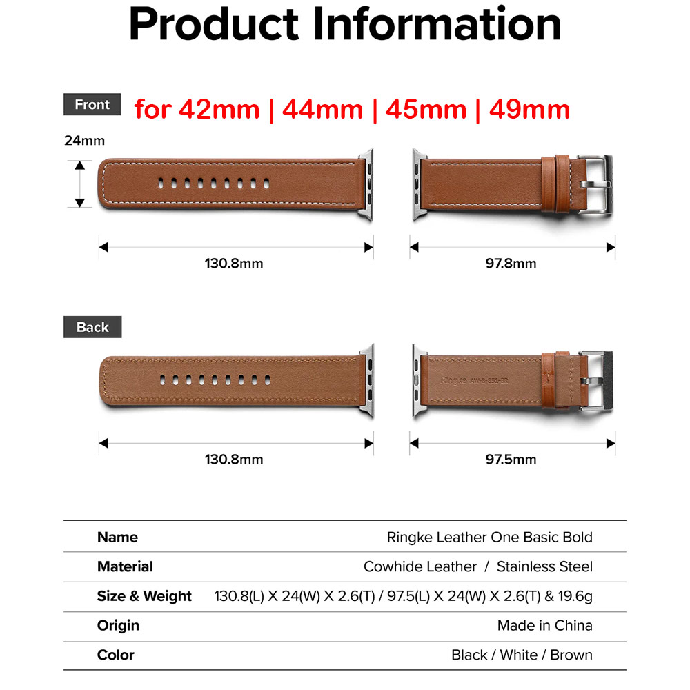 Picture of Apple Watch 42mm  | Ringke Genuine Leather One Basic Bold Strap for Apple Watch Series 4 5 6 8 9 42mm 44mm 45mm Ultra 49mm (Black)