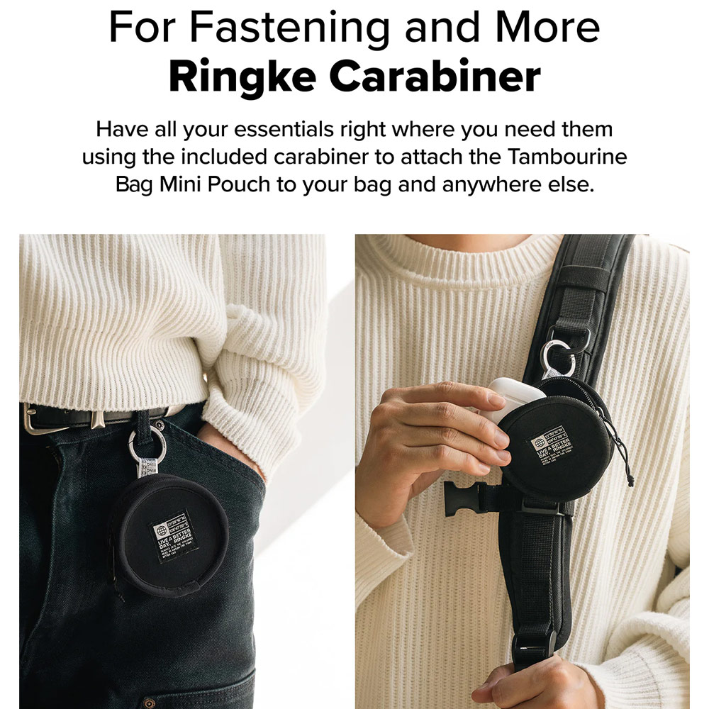 Picture of Ringke Mini Pouch Tambourine Bag with high quality YKK zipper closure with strap with Carabiner for Small Gadgets (Black)
